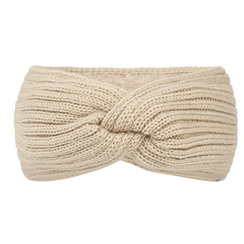 2 Pcs Winter Stirnband, Gestrickt Warmes Stirnbandm Elastische Häkelarbeit Thermo Ohrenwärmer Verdicken Haarband Headwrap Kopfband für Frauen Mädchen Einkaufen Skifahren Laufen,Beige von Wambere