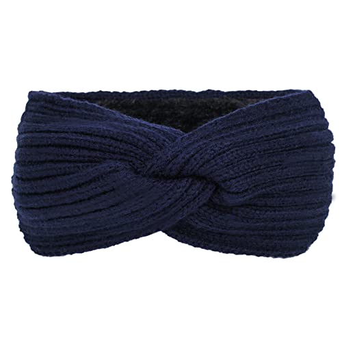 2 Pcs Winter Stirnband, Gestrickt Warmes Stirnbandm Elastische Häkelarbeit Thermo Ohrenwärmer Verdicken Haarband Headwrap Kopfband für Frauen Mädchen Einkaufen Skifahren Laufen,Navy blau von Wambere