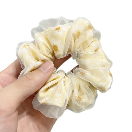 2 Stück Damen Doppelschicht Tüll Haargummi Gänseblümchen Haarring Elastische Haarseil Kopfbedeckung Pferdeschwanzhalter Scrunchies Haarschmuck für Frauen Mädchen für Tägliches Tragen,Gelb von Wambere