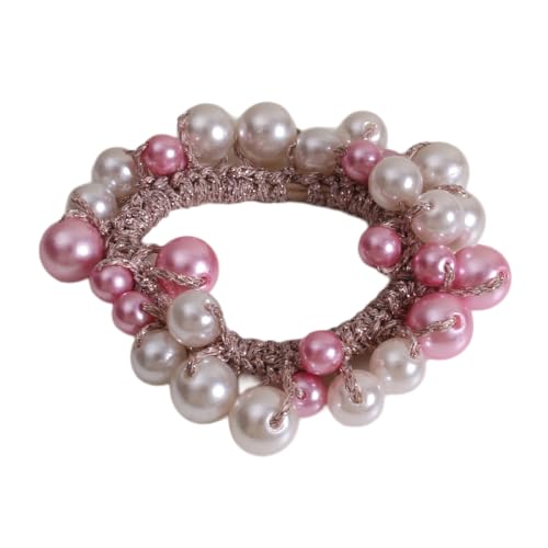 2 Stück Haargummi mit Perlen,Elastische Haargummi Haarband Gummibänder Haarseil Scrunchies Haarschmuck Haarringe Stirnbänder Pferdeschwanzhalter Kopfschmuck für Damen Frauen,Rosarotgrau von Wambere