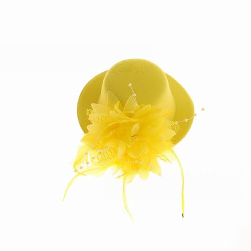 2 Stück Mini-Hut mit Clip,Kleiner Hut Haarnadeln mit Federn Blumen,Fascinator Hüte Clip Haarspange Haar Haarpin Minizylinder für Mädchen Mottoparty Karneval Halloween Accessoire,Gelb von Wambere