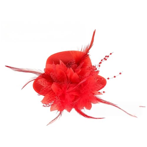 2 Stück Mini-Hut mit Clip,Kleiner Hut Haarnadeln mit Federn Blumen,Fascinator Hüte Clip Haarspange Haar Haarpin Minizylinder für Mädchen Mottoparty Karneval Halloween Accessoire,Rot von Wambere