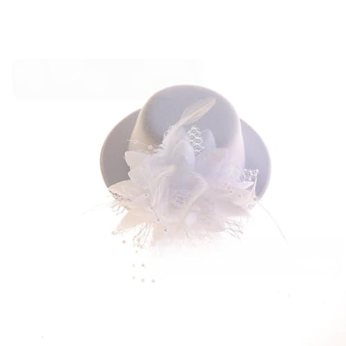 2 Stück Mini-Hut mit Clip,Kleiner Hut Haarnadeln mit Federn Blumen,Fascinator Hüte Clip Haarspange Haar Haarpin Minizylinder für Mädchen Mottoparty Karneval Halloween Accessoire,Weiß von Wambere