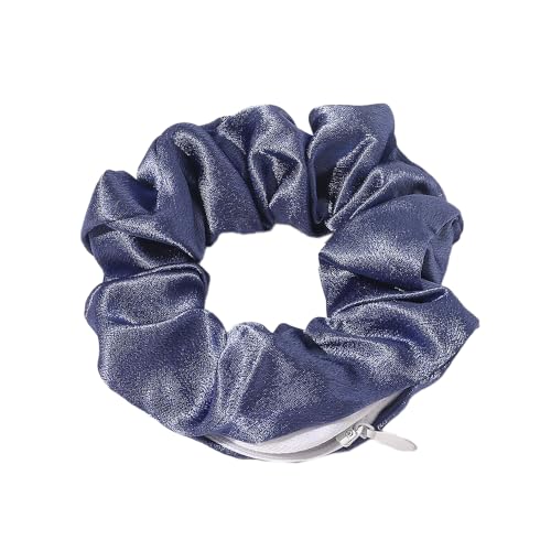 3 Stück Bunte Satin Scrunchies Haargummi Elastischer Haarbänder Frauen Pferdeschwanz Kopfschmuck Haarspangen für Mädchen und Damen Haarschmuck mit Versteckter Reißverschlusstasche,Denim Blue von Wambere