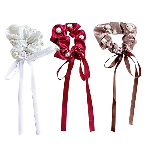 3 Stück Haargummis Scrunchies für Damen,Einfarbige Dicke Bänder Haargummis Satin Scrunchies Weich Elastisch Stylisch Scrunchie Haarschmuck Groß für Damen Mädchen Weiß+Rose Rot+Rot von Wambere