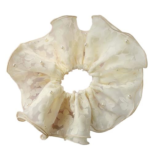 3 Stück Spitzen Haarring mit Perlen,Damen Groß Haargummis Dickdarm Haarband Tüll Haargummi Elastische Haarbänder Gummibänder Haarseil Scrunchies Pferdeschwanzhalter Haarschmuck,Gelb von Wambere