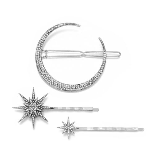 3 Stück Strass Mond Haarnadeln Stern Strass Haarnadel Clips Haarspangen,Damen Haarklammer Rutschfest Haarschmuck Kopfschmuck Hair Clips für Hochzeit Party Tägliches Tragen,Silber B von Wambere