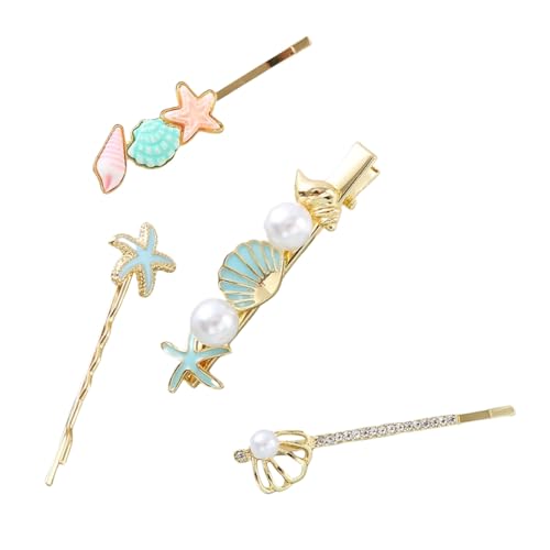 4-teiliges Set Conch Seestern Muschel Haarnadel Damen Bobby Pins Entenschnabelclip Rutschfest Hairpin Haarklemmen Haarschmuck Haarschieber Kopfbedeckung für Party Cosplay Bankett,Hellblau von Wambere