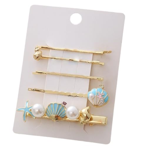 5-teiliges Set Conch Seestern Muschel Haarnadel Damen Bobby Pins Entenschnabelclip Rutschfest Hairpin Haarklemmen Haarschmuck Haarschieber Kopfbedeckung für Party Cosplay Bankett,Blau von Wambere