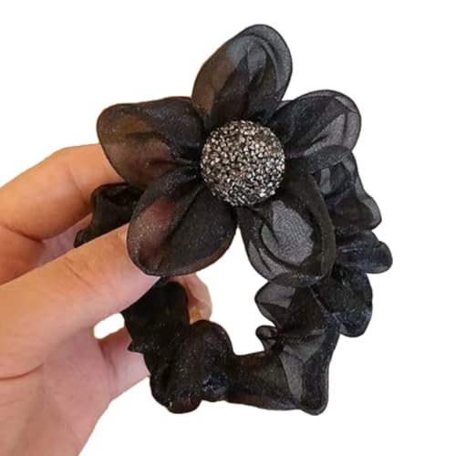 6 Stück Organza Haargummi Damen Blumen Strasssteinen Haargummi Elastische Gummibänder Haarband Haarseil Haarschmuck Haarschnur Pferdeschwanzhalter Kopfschmuck Kopfbedeckung,Schwarz von Wambere