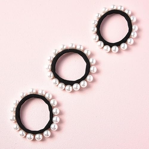 6 Stücke Perlen Haargummi,Elastische Haargummis,Perlen Haarschmuck,Kopfschmuck,Stirnbänder Scrunchies Haarseil Haarband für Damen und Mädchen Brötchen Pferdeschwanz,Schwarz-Weiss von Wambere