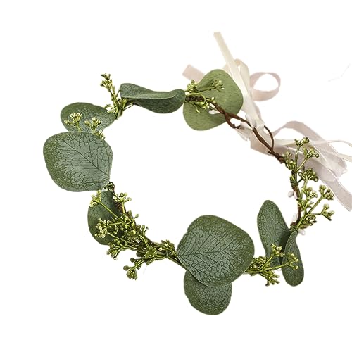 Boho Kranz Tiara Blumenkranz Blume Krone Stirnband Blumen Stirnbänder Kopfschmuck Haarbänder Haarband Blumenkranz Braut Haarschmuck für Damen Hochzeit Zeremonie Festival Party Strand,Grün B von Wambere