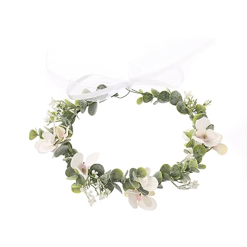 Boho Kranz Tiara Blumenkranz Blume Krone Stirnband Blumen Stirnbänder Kopfschmuck Haarbänder Haarband Blumenkranz Braut Haarschmuck für Damen Hochzeit Zeremonie Festival Party Strand,Weiß A von Wambere