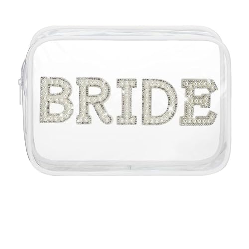 Braut Kosmetiktasche Brief Perle Hochzeit Transparent Make-Up Tasche PVC Wasserdicht Tragbare Reise Make up Tasche Hochzeitsgeschenk Kosmetiktasche für Frauen Hochzeit Brautparty,Bride von Wambere