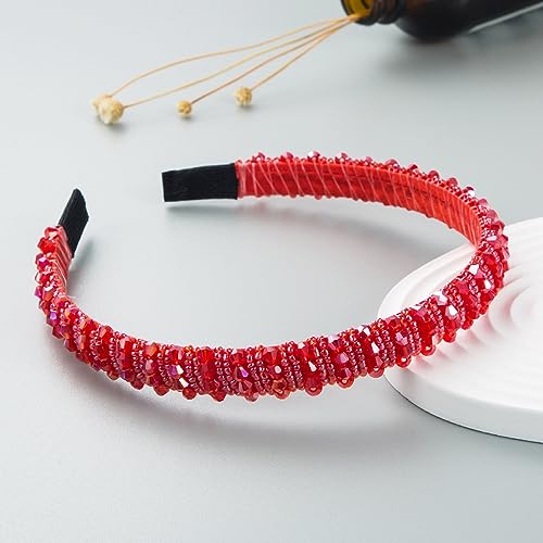 Breite 1.2 cm Damen Haarbänder Handgewebtes Perlen Stirnband Haarstyling Accessoires für Damen Mädchen,Für Gesicht Waschen,Schminken,den täglichen Gebrauch, Partykleidungszubehör,Rot von Wambere