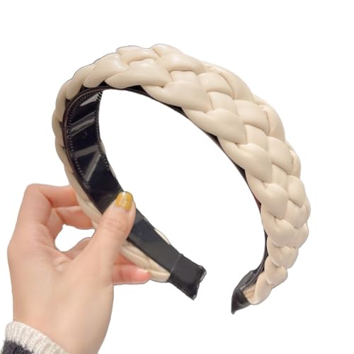 Damen Breit 5cm Haarreif PU Geflochtenes Stirnband Vintage Haarschmuck Haarreifen Haarzubehör Verdrehtes Geknotetes Stirnband Frauen Kopfband Kopfbedeckung für Täglicher Gebrauch,Beige von Wambere