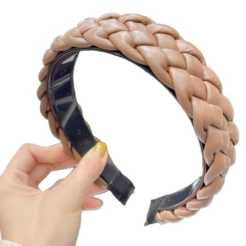 Damen Breit 5cm Haarreif PU Geflochtenes Stirnband Vintage Haarschmuck Haarreifen Haarzubehör Verdrehtes Geknotetes Stirnband Frauen Kopfband Kopfbedeckung für Täglicher Gebrauch,Kaffee von Wambere