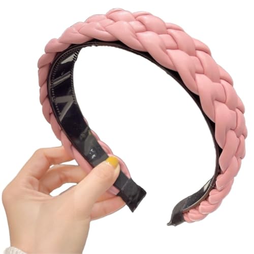 Damen Breit 5cm Haarreif PU Geflochtenes Stirnband Vintage Haarschmuck Haarreifen Haarzubehör Verdrehtes Geknotetes Stirnband Frauen Kopfband Kopfbedeckung für Täglicher Gebrauch,Rosa von Wambere