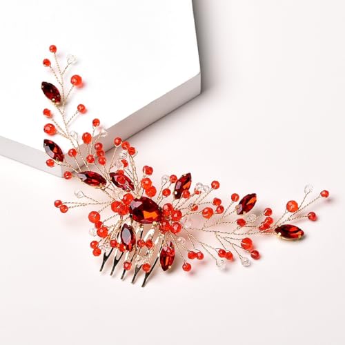 Damen Hochzeits Braut Haarschmuck Strass Haarkamm Kristall Haarkamm Kopfschmuck Haarkämme Kopfschmuck Haarklammern Haarschmuck für Frauen und Mädchen Braut Brautjungfer Haare,Rot von Wambere