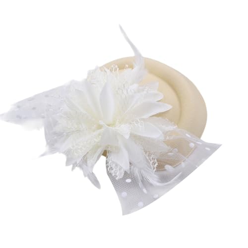 Damen Hut Tüll Haarnadel Hut Haarnadel mit Perlenfeder und Blume Fascinator Hüte Clip Haarspange Blumenhut Vintage Haarschmuck Kopfbedeckung für Hochzeit Teeparty Cocktailparty,Beige von Wambere