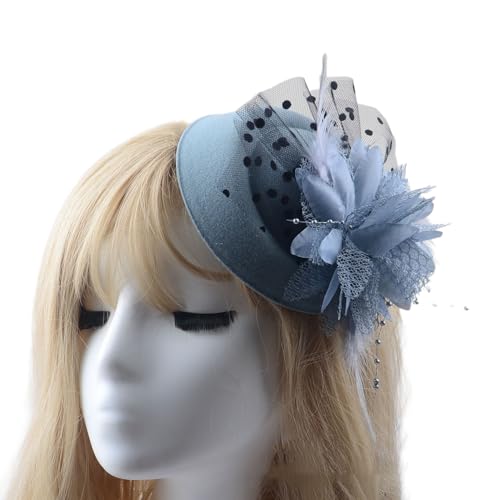 Damen Hut Tüll Haarnadel Hut Haarnadel mit Perlenfeder und Blume Fascinator Hüte Clip Haarspange Blumenhut Vintage Haarschmuck Kopfbedeckung für Hochzeit Teeparty Cocktailparty,Grau von Wambere