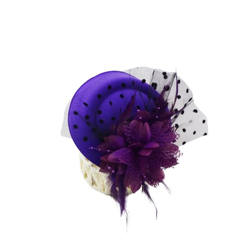 Damen Hut Tüll Haarnadel Hut Haarnadel mit Perlenfeder und Blume Fascinator Hüte Clip Haarspange Blumenhut Vintage Haarschmuck Kopfbedeckung für Hochzeit Teeparty Cocktailparty,Lila von Wambere
