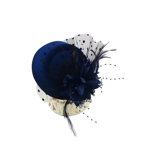 Damen Hut Tüll Haarnadel Hut Haarnadel mit Perlenfeder und Blume Fascinator Hüte Clip Haarspange Blumenhut Vintage Haarschmuck Kopfbedeckung für Hochzeit Teeparty Cocktailparty,Marineblau von Wambere