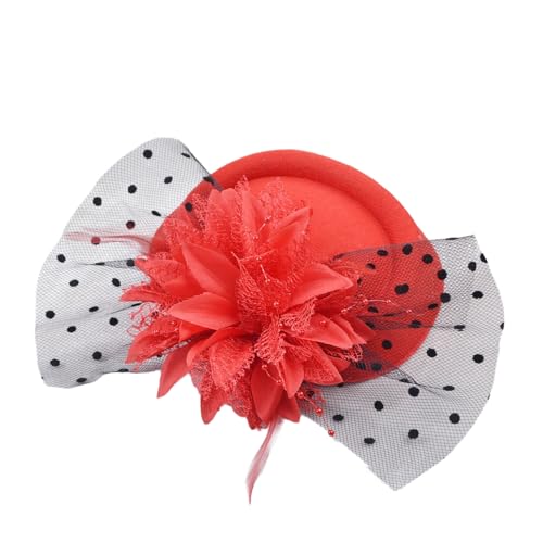 Damen Hut Tüll Haarnadel Hut Haarnadel mit Perlenfeder und Blume Fascinator Hüte Clip Haarspange Blumenhut Vintage Haarschmuck Kopfbedeckung für Hochzeit Teeparty Cocktailparty,Rot von Wambere