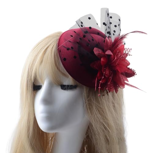 Damen Hut Tüll Haarnadel Hut Haarnadel mit Perlenfeder und Blume Fascinator Hüte Clip Haarspange Blumenhut Vintage Haarschmuck Kopfbedeckung für Hochzeit Teeparty Cocktailparty,Weinrot von Wambere