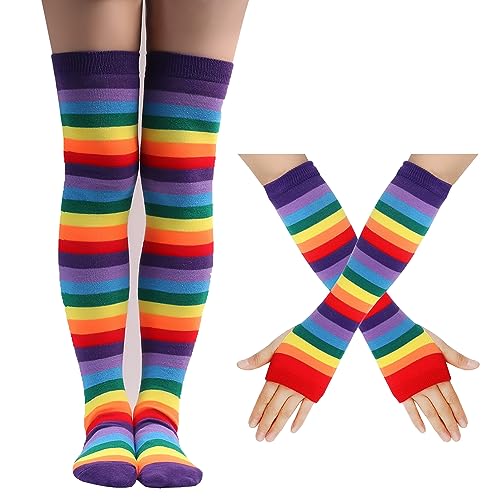 Damen Kniestrümpfe Regenbogen Gestreifte Oberschenkelhohe Socken Lang Fingerlose Handschuhe Set für Frauen Mädchen für Maskerade Weihnachtsfeier Party Stützen Kostüm Halloween,Lila von Wambere