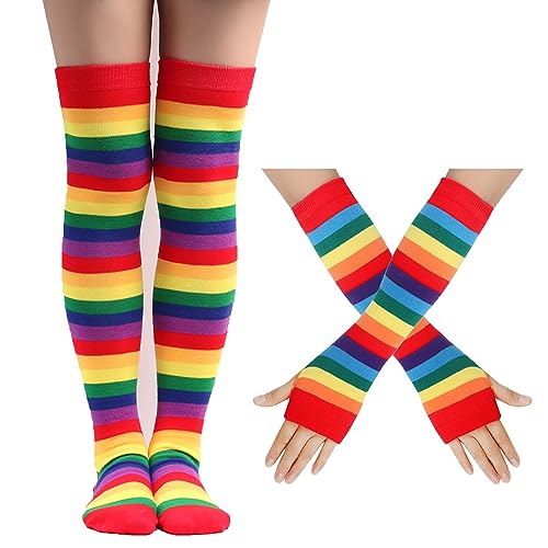 Damen Kniestrümpfe Regenbogen Gestreifte Oberschenkelhohe Socken Lang Fingerlose Handschuhe Set für Frauen Mädchen für Maskerade Weihnachtsfeier Party Stützen Kostüm Halloween,Rot A von Wambere