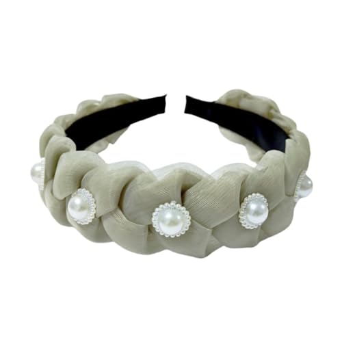 Damen Perlen Geflochtene Haarbänder Twist Haarband Tüll Stirnband Flechthaarbänder Vintage Haarreifen Rutschfest Haarschmuck Kopfband Kopfbedeckung für Tägliches Tragen für Frauen,Graugrün von Wambere