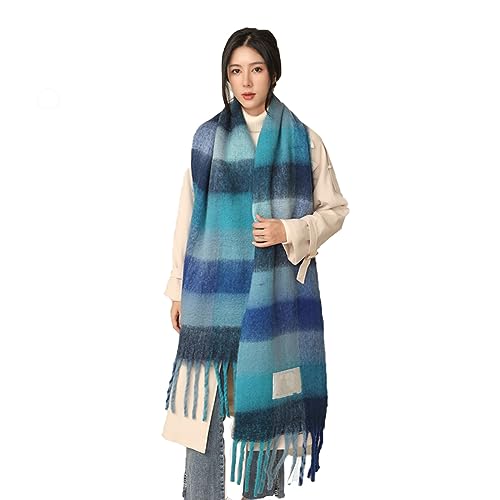 Damen Schal, Kariert übergroßer Winter SchaltuchKaro Schultertuch Plaid Deckenschal Modeschal Weich Warm Strickschal Oversized Herbstschal Warme Winter Stola mehrfarbig,Blau von Wambere