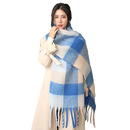 Damen Schal, Kariert übergroßer Winter SchaltuchKaro Schultertuch Plaid Deckenschal Modeschal Weich Warm Strickschal Oversized Herbstschal Warme Winter Stola mehrfarbig,Meeresblau von Wambere