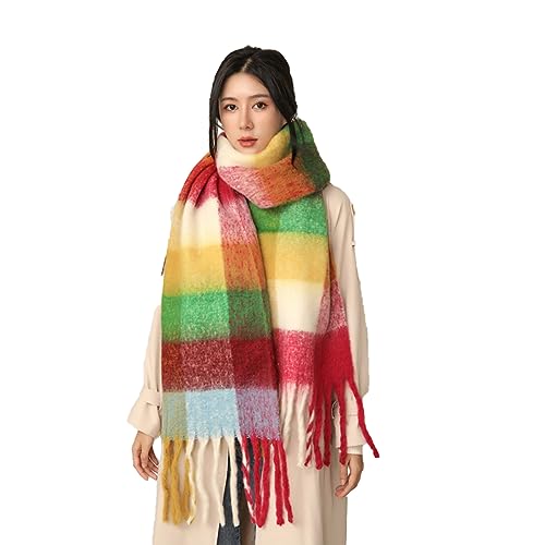 Damen Schal, Kariert übergroßer Winter SchaltuchKaro Schultertuch Plaid Deckenschal Modeschal Weich Warm Strickschal Oversized Herbstschal Warme Winter Stola mehrfarbig,Orange Grün Gelb von Wambere