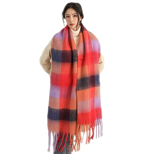 Damen Schal, Kariert übergroßer Winter SchaltuchKaro Schultertuch Plaid Deckenschal Modeschal Weich Warm Strickschal Oversized Herbstschal Warme Winter Stola mehrfarbig,Orange Rot Schwarz von Wambere