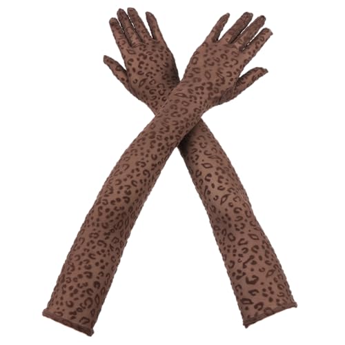 Damen Spitzenhandschuhe Handschuhe aus Tüll mit Leopardenmuster Sommer Sonnenschutzhandschuhe Lange Handschuhe Opernhandschuhe für Halloween Abschlussball Bankett Abendpartys,Kaffee von Wambere