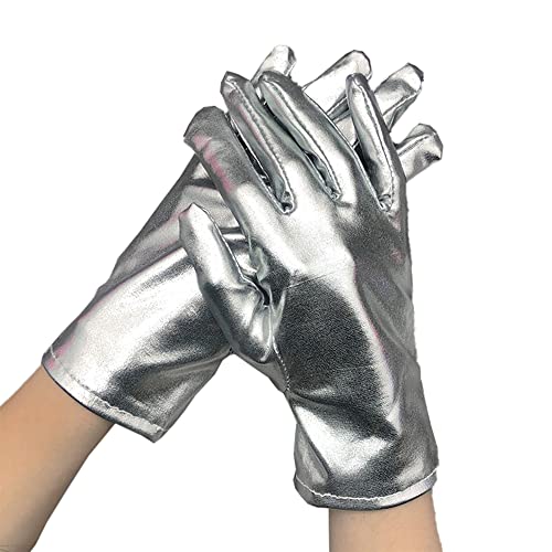 Kurze Handschuhe für Damen,Metallic Glitzer Handschuhe Shine 23 cm Zubehör Gloves Prinzessin Show Tänzerin Flapper Girl Diva Abendkleid Kostüm Karneval Junggesellenabschied Mottoparty Tanzshow,Silber von Wambere