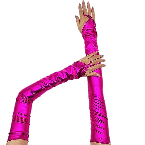 Lackleder Lange 55cm Handschuhe Fingerlose Handschuhe Damen Sexy Beschichtete Handschuhe Hakenfingerhandschuhe Abendhandschuhe für Hochzeit Abschlussball Teeparty Kleidungs Zubehör,Rosenrot von Wambere