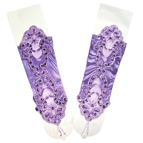 Spitzenhandschuhe für Frauen,elegante Handschuhe Paillettenröschen Spitzenhandschuh Hakenfinger-Spitze florale Handschuhe zum Binden für Hochzeit Bankett Kostümzubehör Party Abendessen,Helles Lila von Wambere