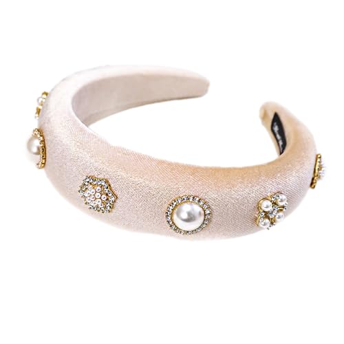 Stirnband aus Samt mit Strasssteinen,4cm Breit Damen Haarband Haarreif Stirnbänder Kopfschmuck Haarschmuck Kopfband Haar-Accessoires für Mädchen und Frauen für Tägliches Tragen,Beige von Wambere