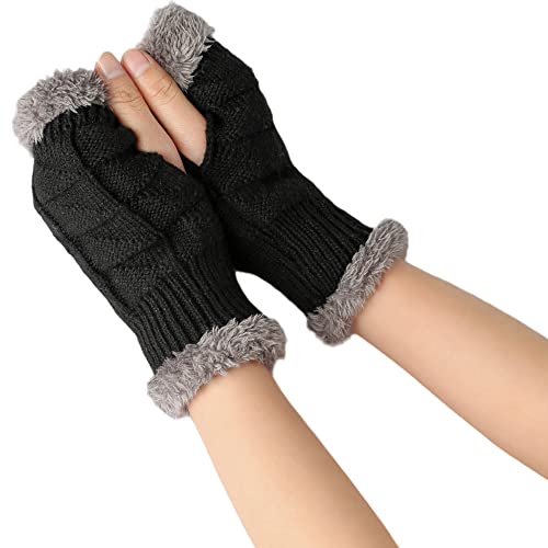 Wambere 1 Paar Fingerlose Handschuhe,Winter Warm Armstulpen Gestrickte Halbe Fingerhandschuhe mit Fleece Futter,Strickhandschuhe Kurzhandschuhe Handstulpen für Damen Und Mädchen,Schwarz von Wambere