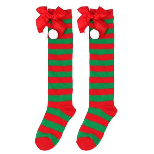 Wambere 1 Paar Kinder Socken,Gestreifte Kniestrümpfe Mit Schleife Overknee Weihnachten Strümpfe Overknee Strümpfe Winter Socken Gemütliche Oberschenkel Hohe Socken 7-12 Jahre,Rote grüne Streifen von Wambere