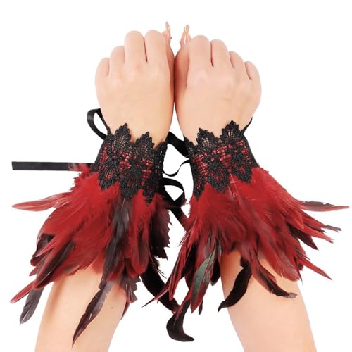 Wambere 1 Paar Manschetten Federn,Natürlichen Federn Armbänder,Feder-Handgelenkmanschetten,Unisex Federarmband,Kostümzubehör,Gothic Feder Manschette,für Faschingsball,Cosplay,Karneval,Halloween,Rot von Wambere