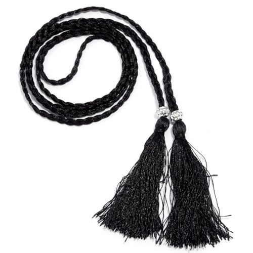 Wambere 1 Stück Damen Geflochtener Taillengürtel Fransengürtel Taillenseil Kordel Gürtel Dünner Quaste Geflochten Quastegürtel Gürtel Gewebte Quaste Kette Gürtel für Frauen Kleider,Schwarz von Wambere