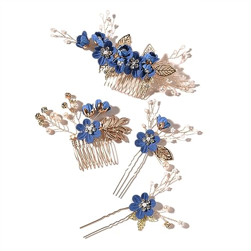 Wambere 4 Stück Braut Haarschmuck Hochzeit,Hochzeit Haarspangen U-förmig Clip Haarspangen Blumenperle Braut Haarschmuck Brautjungfernschmuck Braut Haarnadelklemmen für Frauen und Mädchen,Navy blau von Wambere