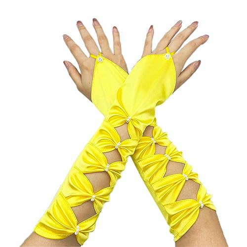 Wambere Damen Fingerlose Handschuhe Lange Satin Handschuhe Bowknot Vintage Brauthandschuhe Abendhandschuhe Tanzhandschuhe für Damen Mädchen Hochzeit Abschlussball Teeparty Kleidungs Zubehör,Gelb von Wambere