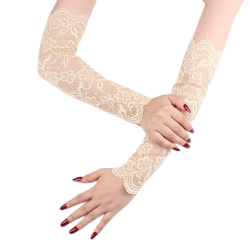 Wambere Damen Kühlung Arm Ärmel,Spitze Lange Handschuhe Arm Sleeve Sonnenschutz Ärmel Spitzen Ärmlinge Stulpe Fahrradhandschuhe Ellenbogen Handschuhe für Radfahren,Laufen,Golf,Fahren,Beige von Wambere