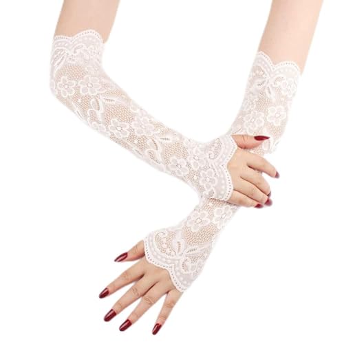 Wambere Damen Kühlung Arm Ärmel,Spitze Lange Handschuhe Arm Sleeve Sonnenschutz Ärmel Spitzen Ärmlinge Stulpe Fahrradhandschuhe Ellenbogen Handschuhe für Radfahren,Laufen,Golf,Fahren,Weiss von Wambere