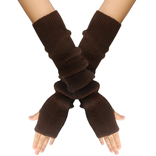 Wambere Damen Mädche Winter Fingerlose Armstulpen Langarm Fäustlinge Handschuhe Feinstrick lang Handwärmer Stulpen,Warm Strick Handschuhe Pluswärmer Strickhandschuhe,Braun von Wambere